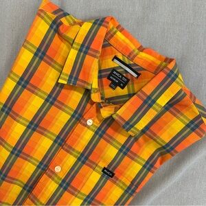 RVCA men's yellow/orange/blue plaid shirt, size XL, regular fit, cotton, bold